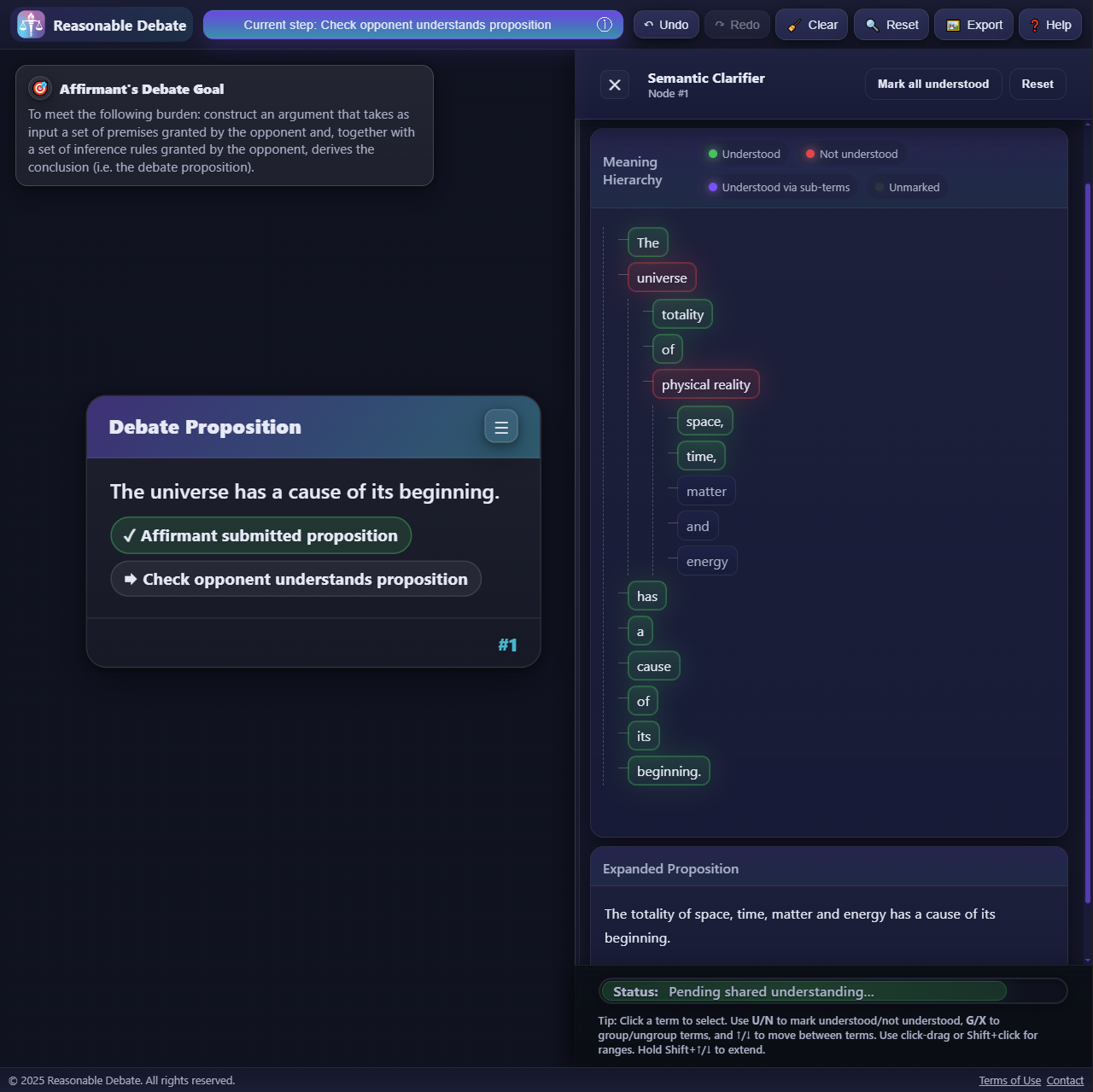 Preview of Reasonable Debate semantic clarifier interface
